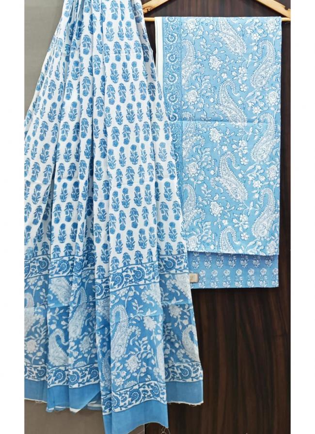 Cotton Sky Blue Casual Wear Printed Salwar Suit